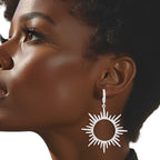 Drop Silver Open Hoop Sunburst Rhinestone Earrings