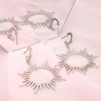Drop Silver Open Hoop Sunburst Rhinestone Earrings
