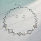 Silver Pave Quatrefoil Clover Cotton Pearl Necklace
