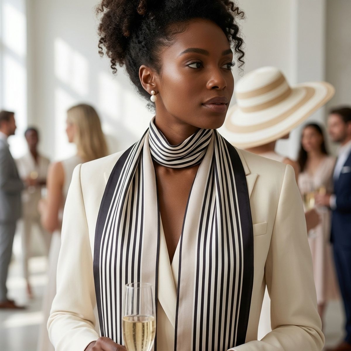 Black and Beige Pinstripe Silky Skinny Scarf
