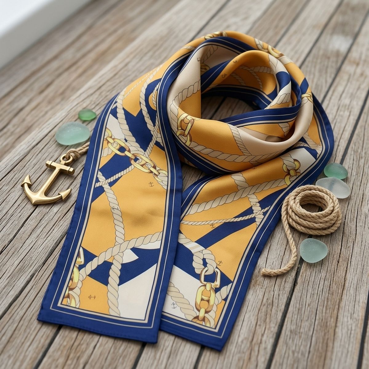 Navy Mustard Nautical Anchor Silky Skinny Scarf