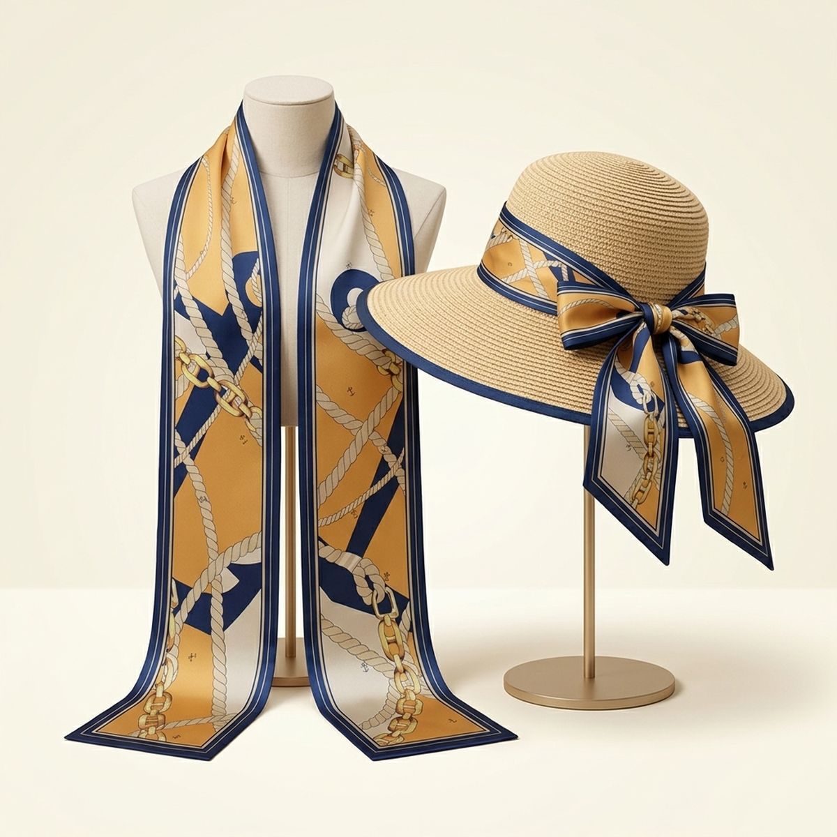Navy Mustard Nautical Anchor Silky Skinny Scarf