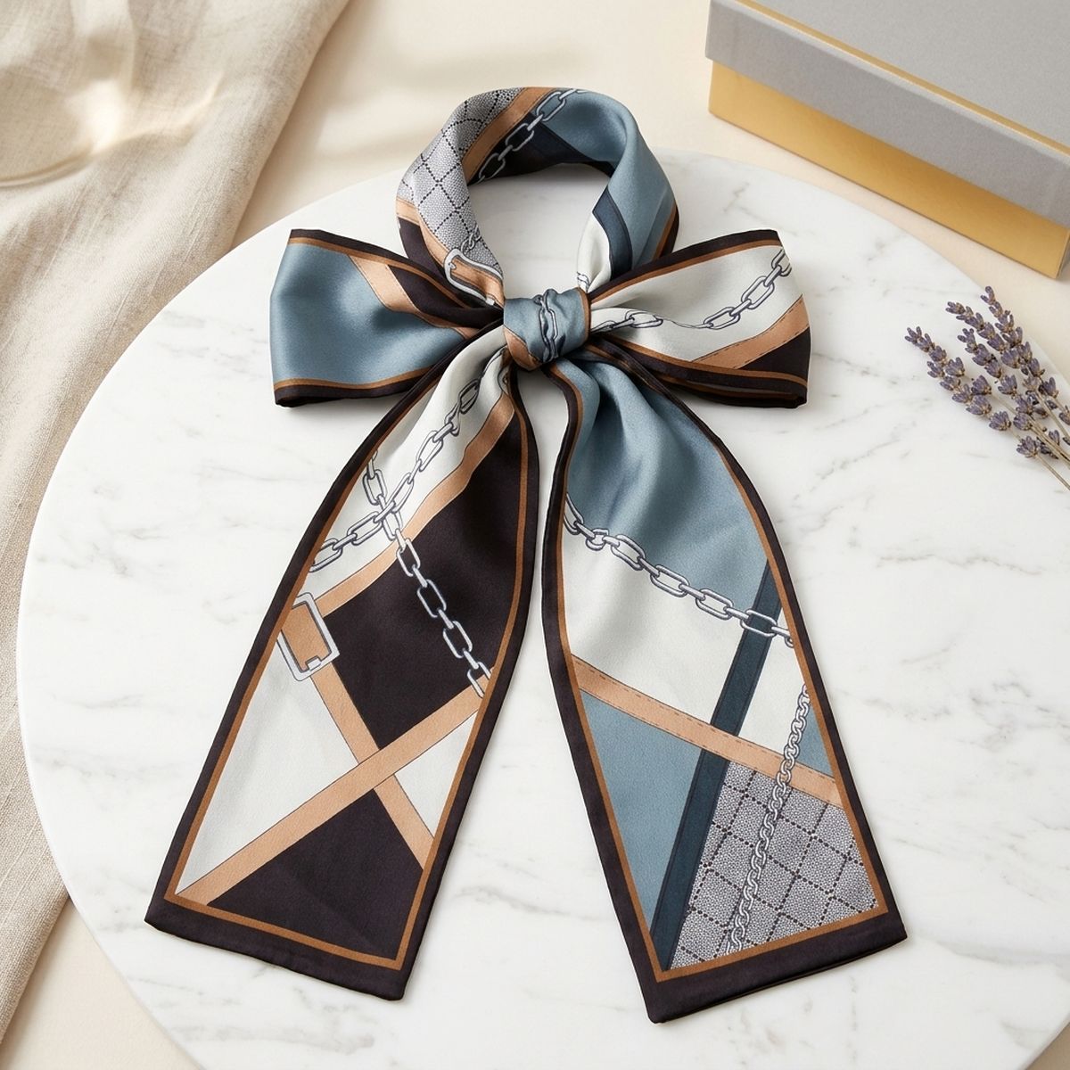 Black and Brown Geometric Chain Silky Skinny Scarf