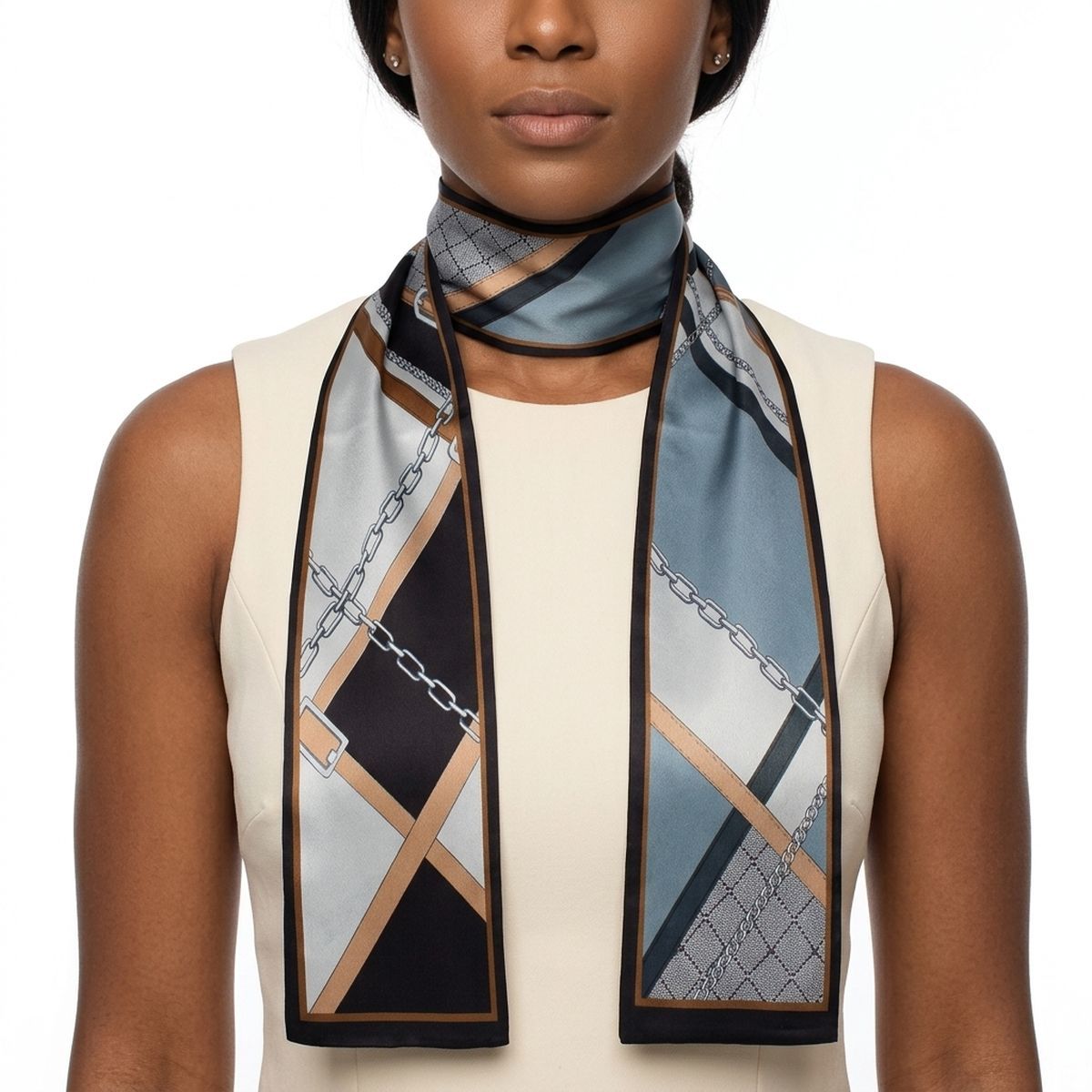 Black and Brown Geometric Chain Silky Skinny Scarf