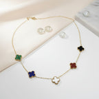 Stainless Steel Colorful 5 Motif Quatrefoil Necklace