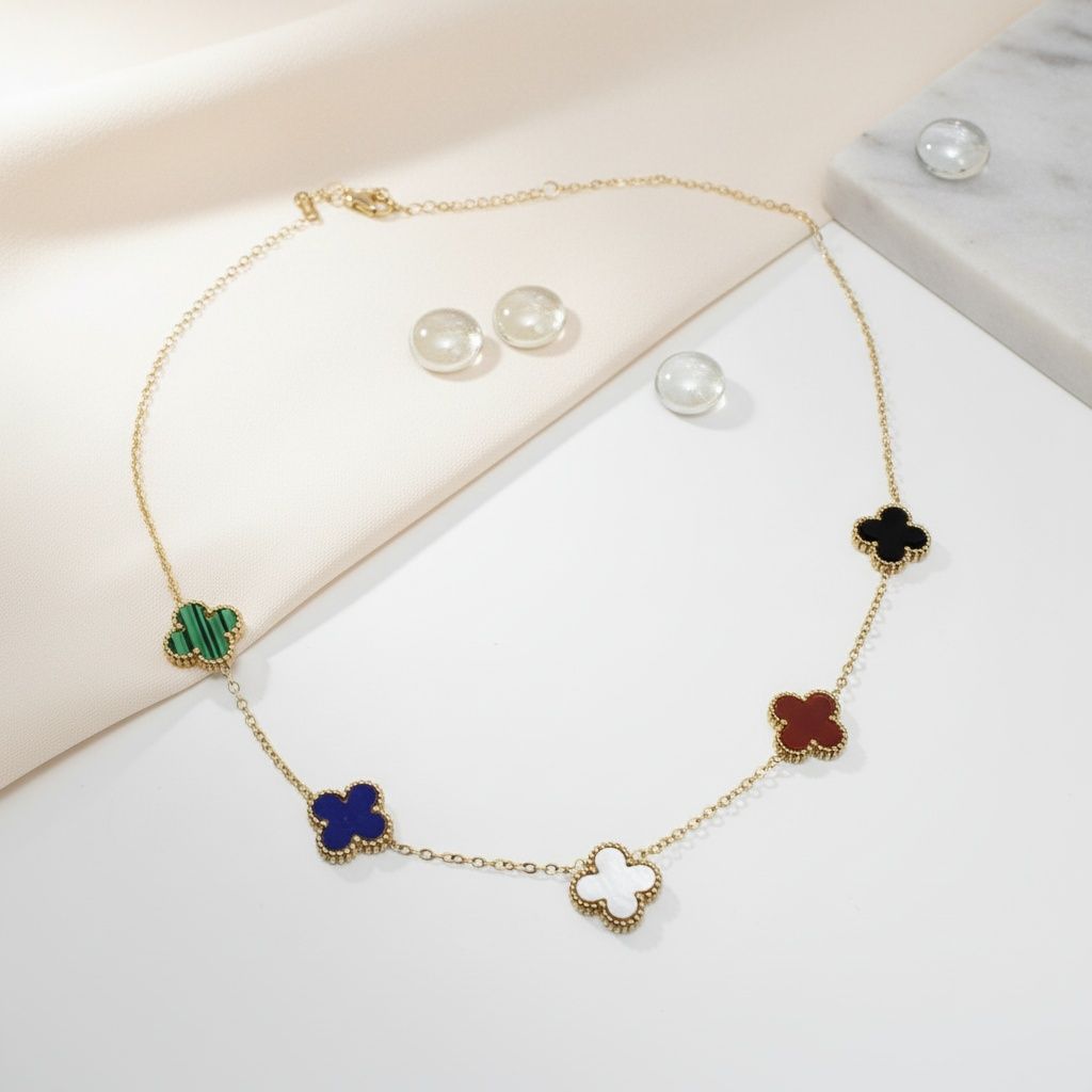 Stainless Steel Colorful 5 Motif Quatrefoil Necklace