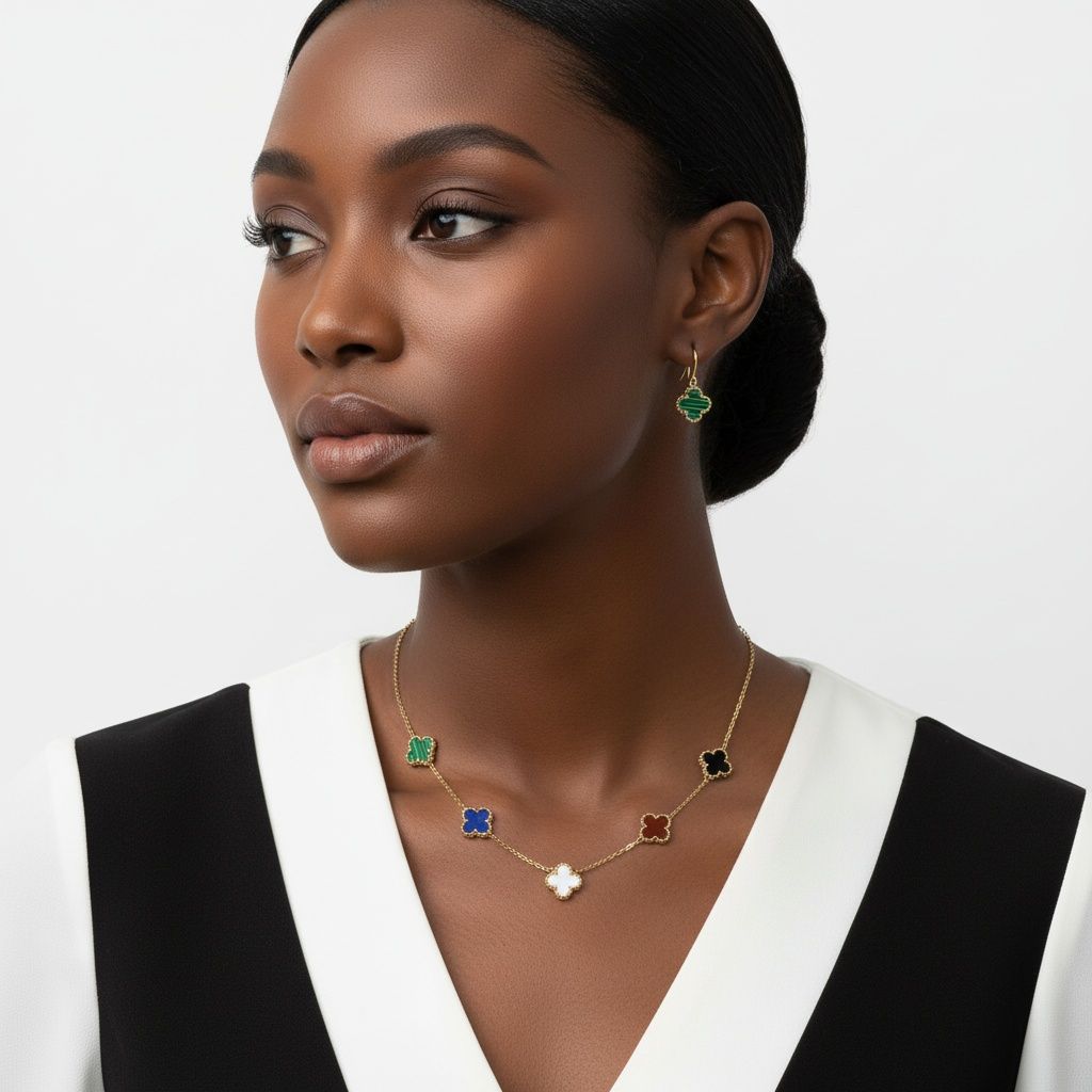 Stainless Steel Colorful 5 Motif Quatrefoil Necklace