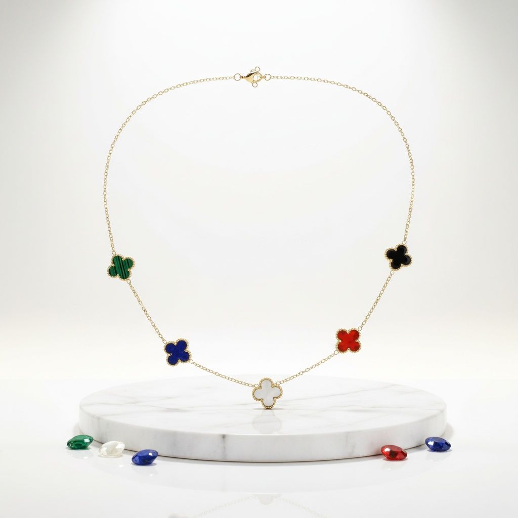 Stainless Steel Colorful 5 Motif Quatrefoil Necklace