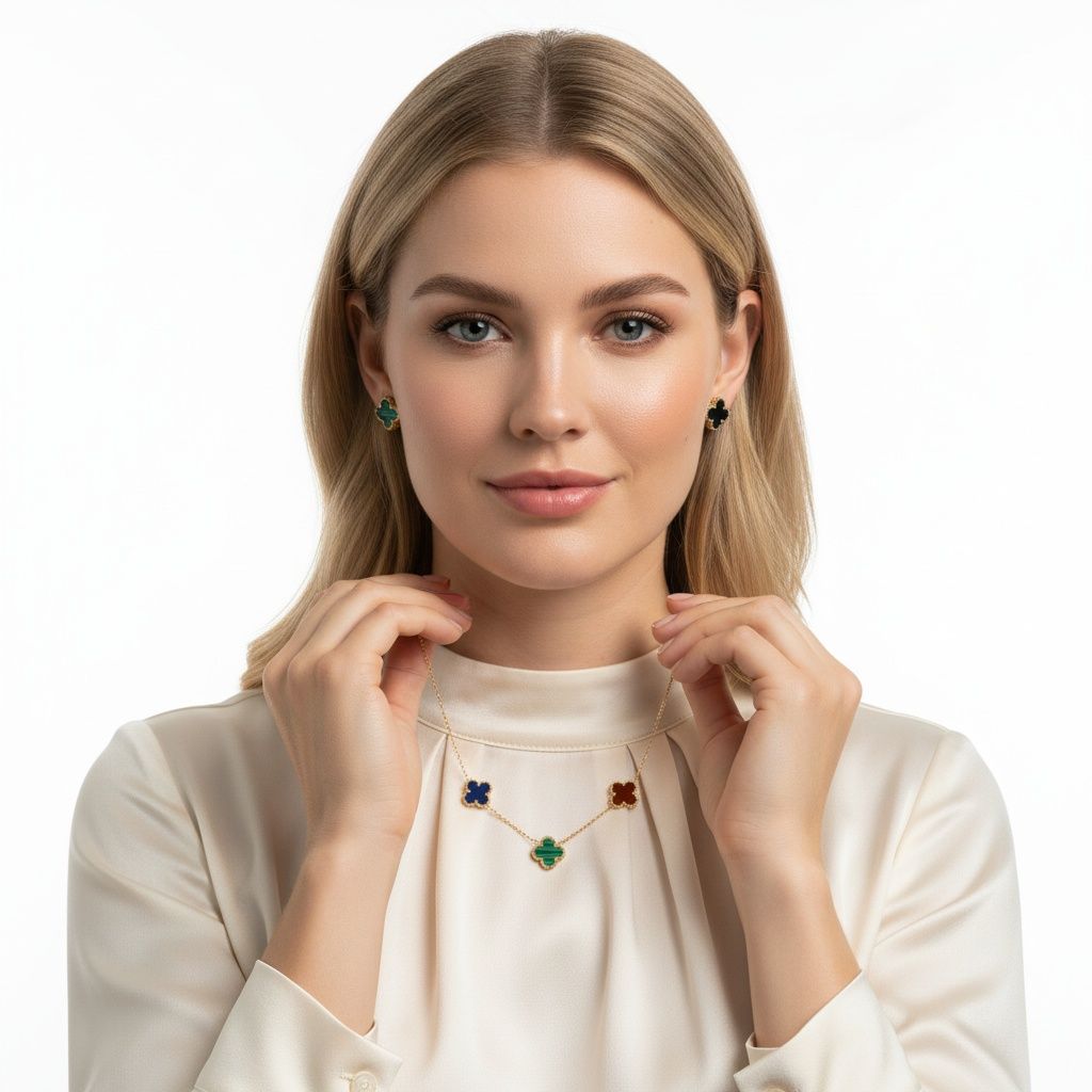 Stainless Steel Colorful 5 Motif Quatrefoil Necklace